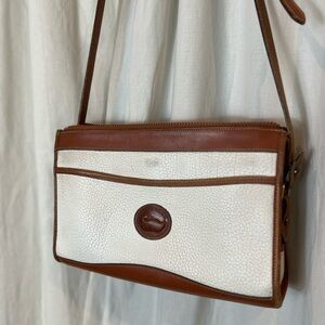 80s Dooney & Bourke Brown Cream Leather Crossbody Bag with Gold Hardware Vintage
